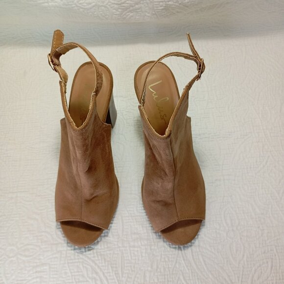 Lulus Sandals Block Heel Suede Peep-Toe With Adjustable StrapTan - Picture 2 of 10